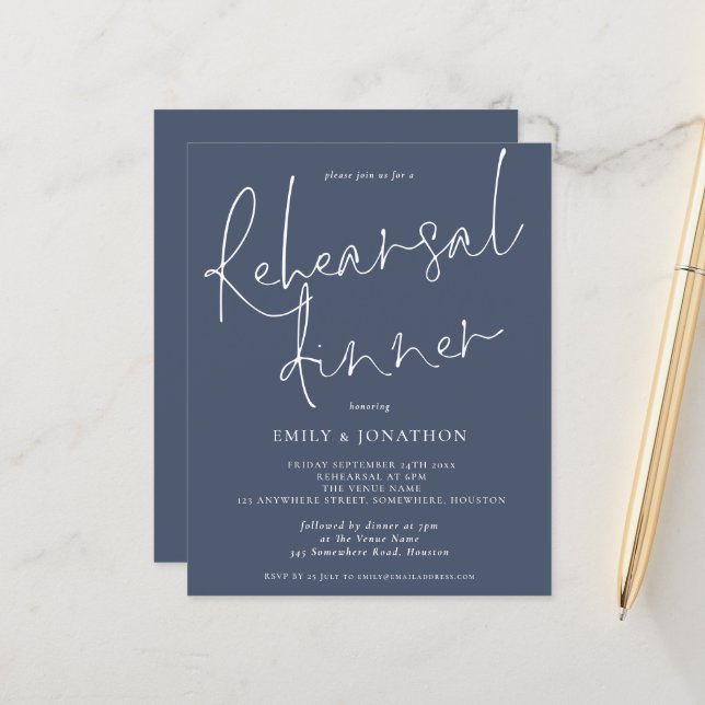 Budget Wedding Rehearsal Dinner Dusty Navy Invite (Front/Back In Situ)