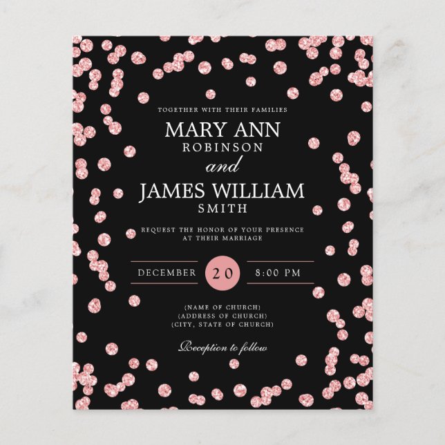 Budget Wedding Rose Gold Glitter Black Invite  Flyer (Front)
