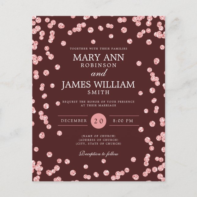 Budget Wedding Rose Gold Glitter Burgundy Invite (Front)