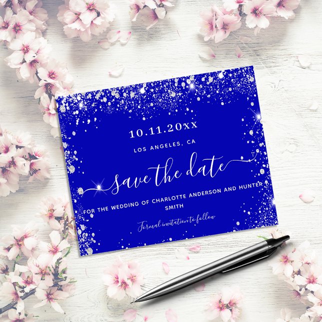 Budget wedding royal blue silver glitter save date (Creator Uploaded)