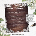 Budget Wedding Rustic Wood Lights Lace Invitation<br><div class="desc">Rustic wedding celebration or reception invitations printed on lightweight paper ideal for conservative budgets and hand-delivering to guests. Beautiful dark country wood with string lights and accented with white lace and elegant script typography. All text is editable to change the wording to fit your needs. Contact the designer via Zazzle...</div>