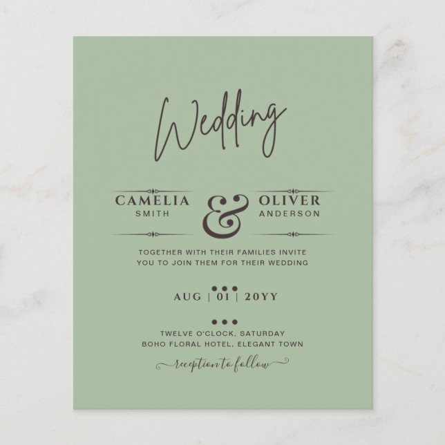 BUDGET Wedding Sage Apple Green Monochrome Text  Flyer (Front)
