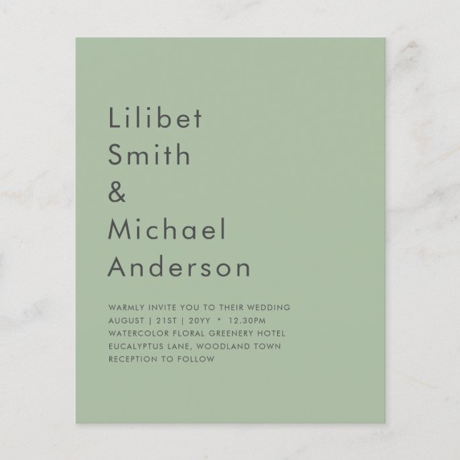BUDGET Wedding Sage Apple Green Monochrome Text  Flyer (Front)