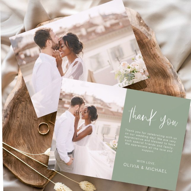 Budget Wedding Sage Green Photo Thank You Cards (Creator Uploaded)