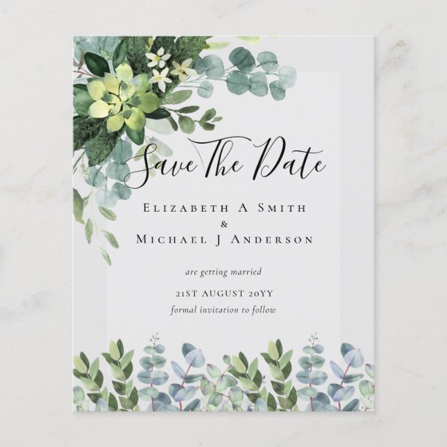 BUDGET WEDDING SAVE DATES - GREENERY Eucalyptus Flyer (Front)
