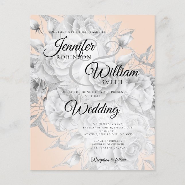 Budget Wedding Silver & Blush Floral Invitation Flyer (Front)