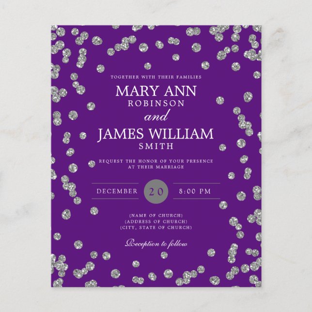 Budget Wedding Silver Glitter Purple Invite (Front)