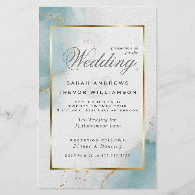 Budget Wedding Teal Gold Abstract Marbled Invitati (Front)