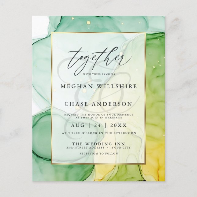 Budget Wedding Vibrant Greens Gold Abstract Ink (Front)