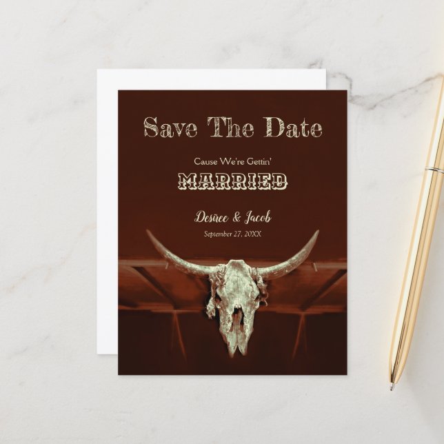 Budget Western Bull Skull Wedding Save The Date (Front/Back In Situ)