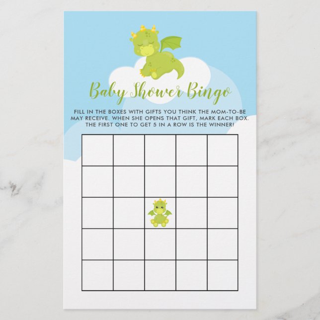 Budget Whimsical Boy Dragon Baby Shower Bingo Card (Front)