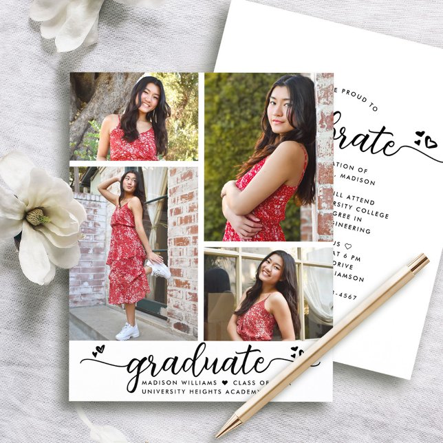 Budget White Black Grad 4 Photo Script Invitation (Creator Uploaded)