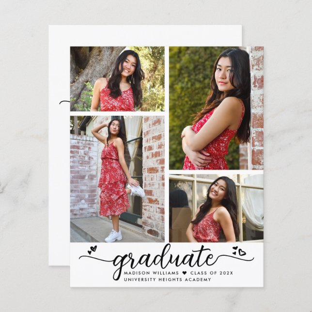 Budget White Black Grad 4 Photo Script Invitation (Front/Back)