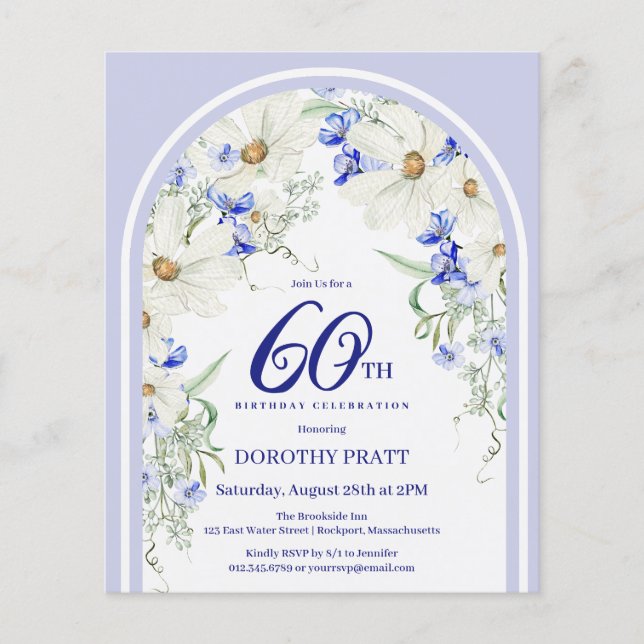 Budget White Blue Floral 60th Birthday Invite (Front)