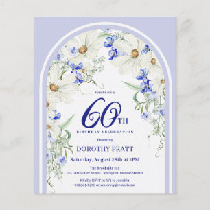 Budget White Blue Floral 60th Birthday Invite