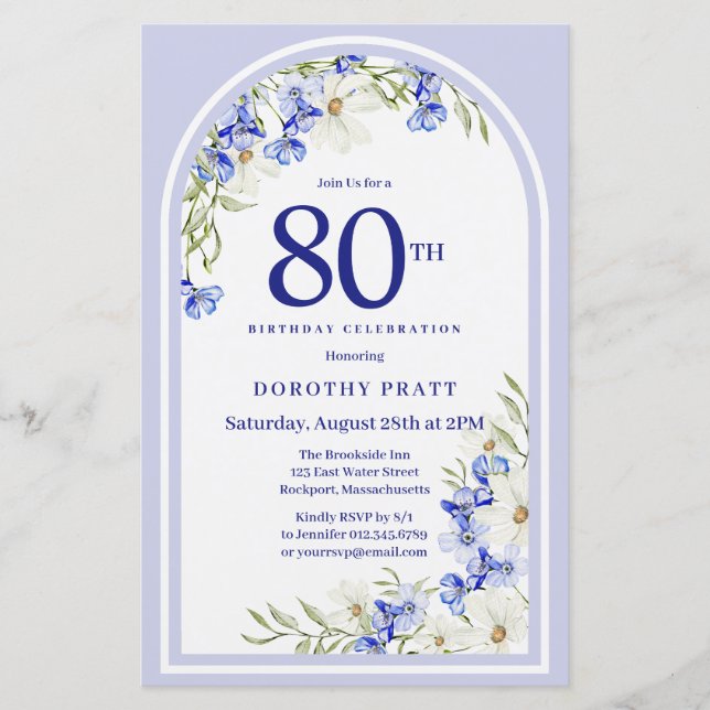 Budget White Blue Floral 80th Birthday Invite (Front)