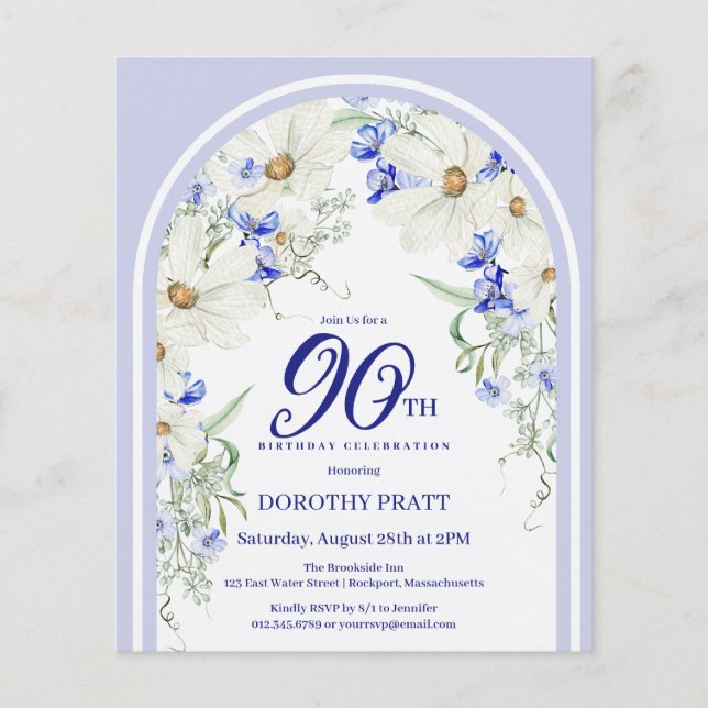 Budget White Blue Floral 90th Birthday Invite (Front)