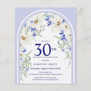 Budget White Blue Floral Arch 30th Birthday Invite