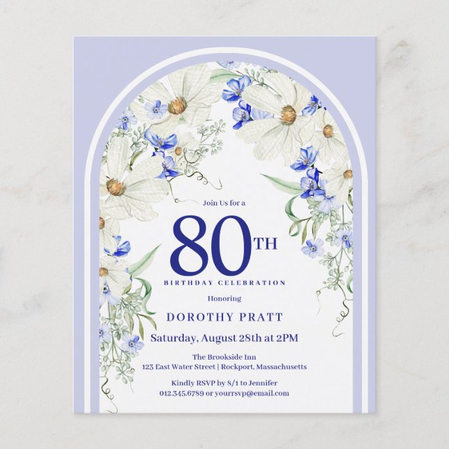 Budget White Blue Floral Arch 80th Birthday Invite (Front)