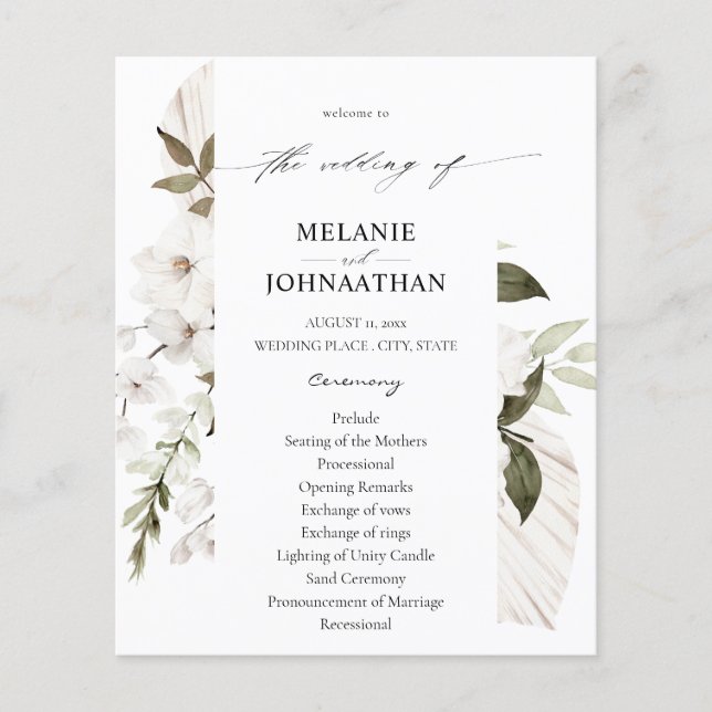 Budget White Boho Floral Wedding Ceremony Flyer (Front)