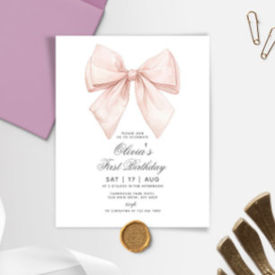 Budget White Bow First Birthday Invitation