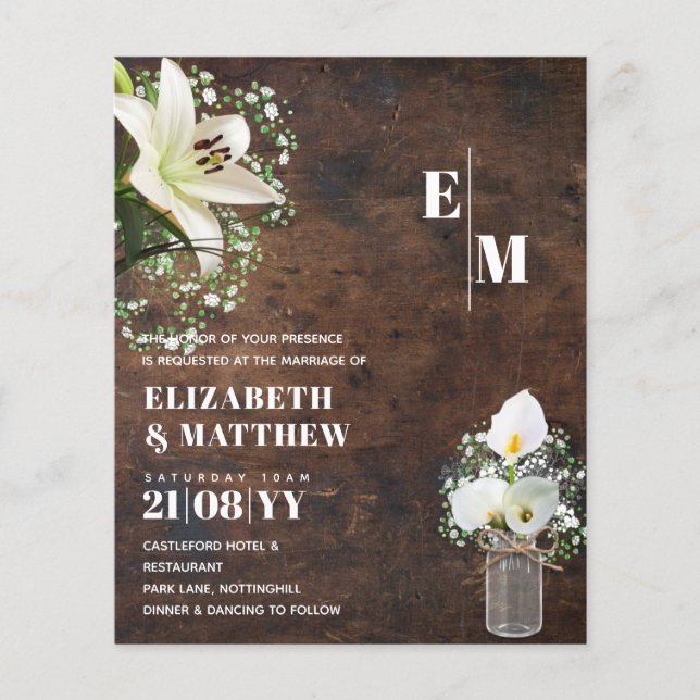 BUDGET White Calla Lily  Shabby Wedding Invite Flyer (Front)
