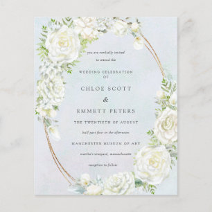 Budget White Floral Blue Wedding Invitation