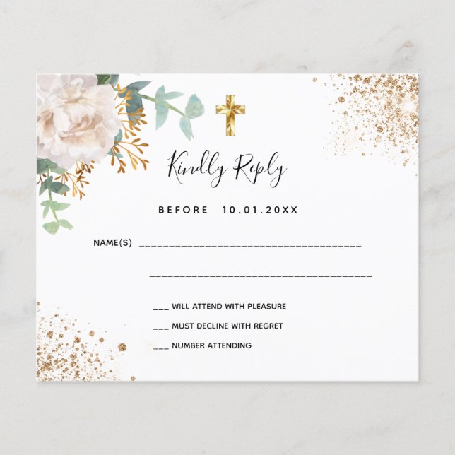 Budget white floral eucalyptus baptism RSVP (Front)