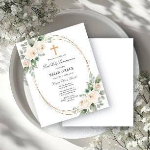 Budget White Floral First Communion Invitation