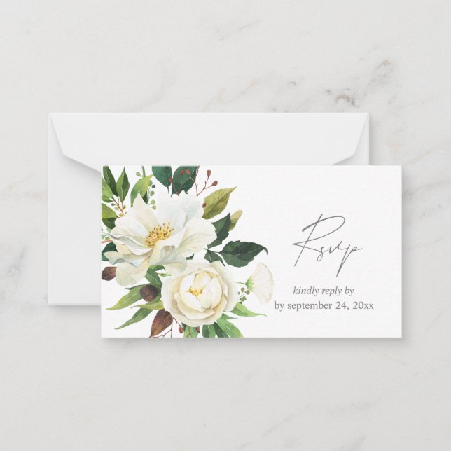 Budget White Floral Greenery 2SM Meal RSVP Card (Front)
