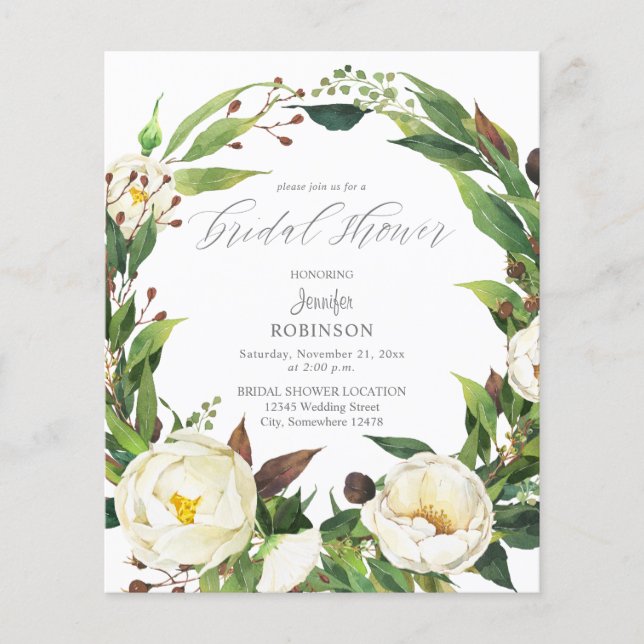 Budget White Floral & Greenery Bridal Shower Flyer (Front)