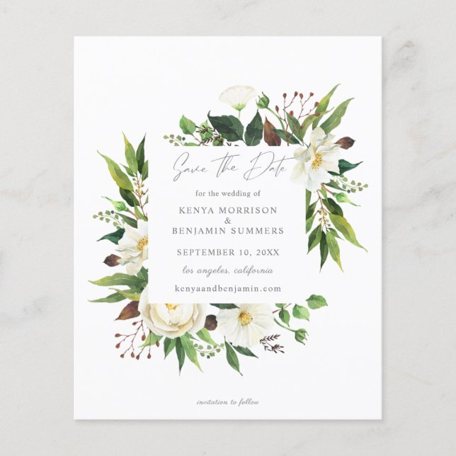 Budget White Floral & Greenery Save the Date Flyer (Front)