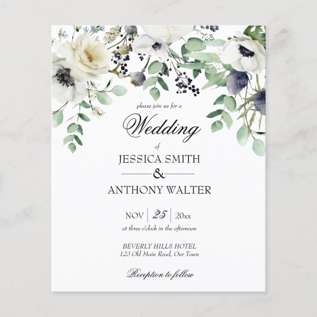 Budget white floral greenery wedding invite (Front)