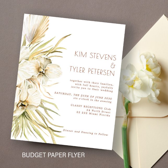Budget white floral modern boho wedding invitation flyer (Creator Uploaded)