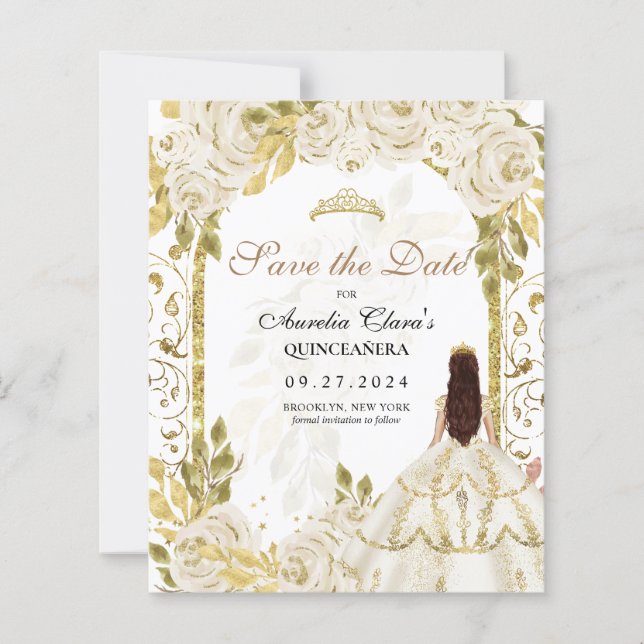 BUDGET White Floral Princess Gold Arch Quinceanera (Front)