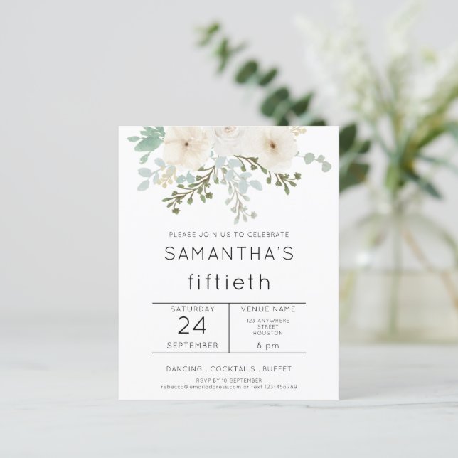 Budget White Florals 50th Birthday Invitation (Standing Front)