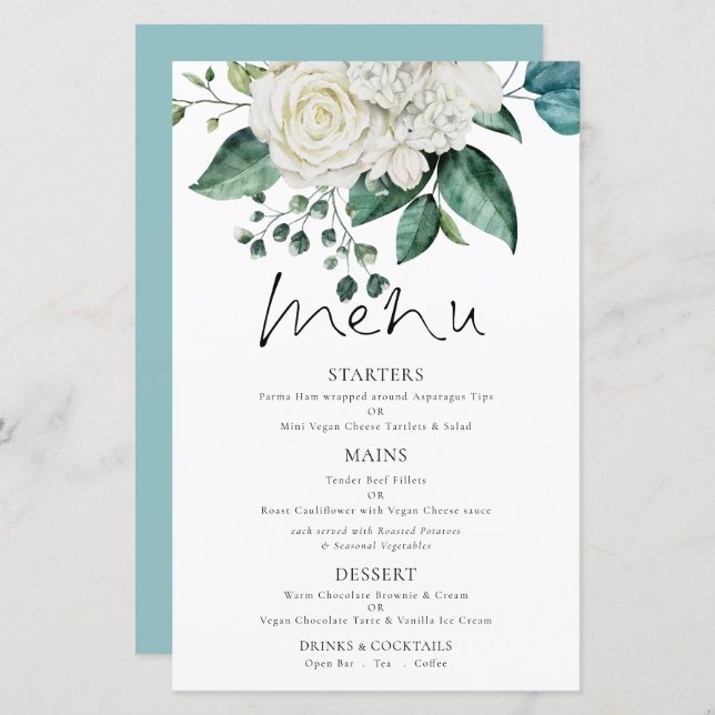 Budget White Florals Eucalyptus Wedding Menu (Front/Back)