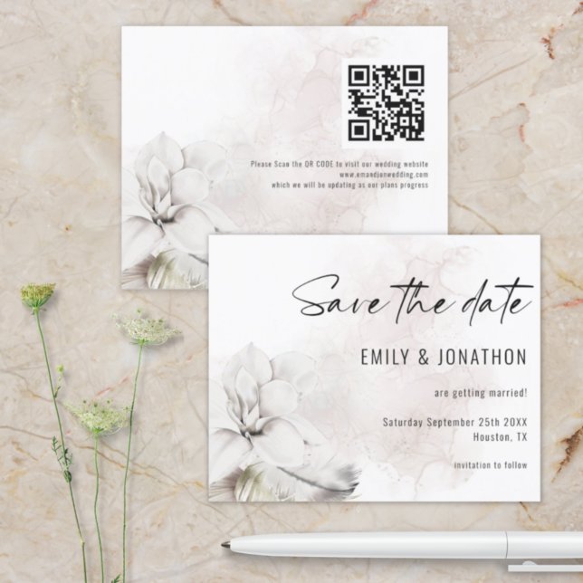 Budget White Florals Wedding QR Code Save the Date (Creator Uploaded)