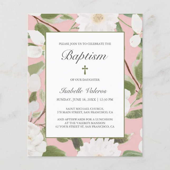 BUDGET White Flowers leaves pink BAPTISM (Front)