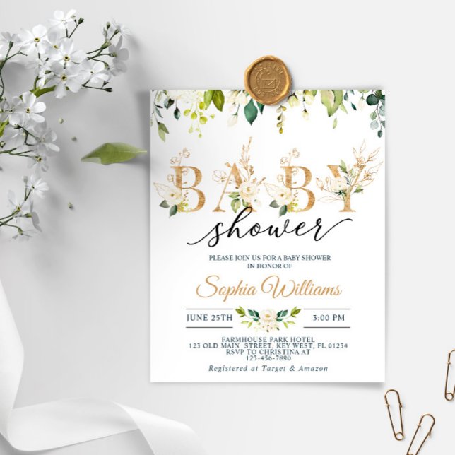 Budget White & Gold Eucalyptus Baby Shower Invite (Creator Uploaded)