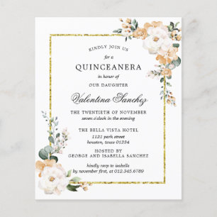 Budget White Gold Floral Quinceanera Invitation