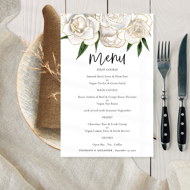 Budget White Gold Florals Script Wedding Menu (Creator Uploaded)