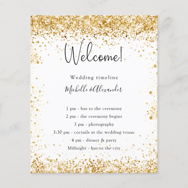 Budget white gold glitter wedding program details (Front)
