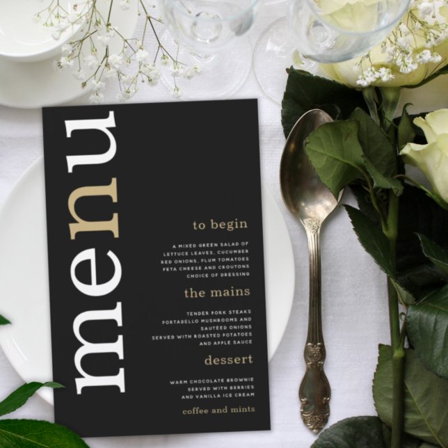 BUDGET White Gold Typography Black Wedding Menu (Creator Uploaded)