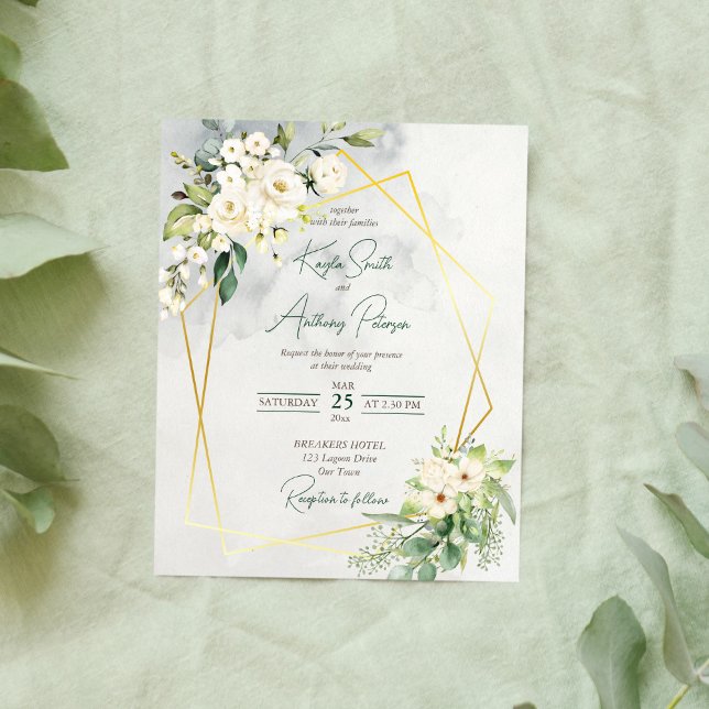 Budget white greenery rose floral wedding invite (Creator Uploaded)