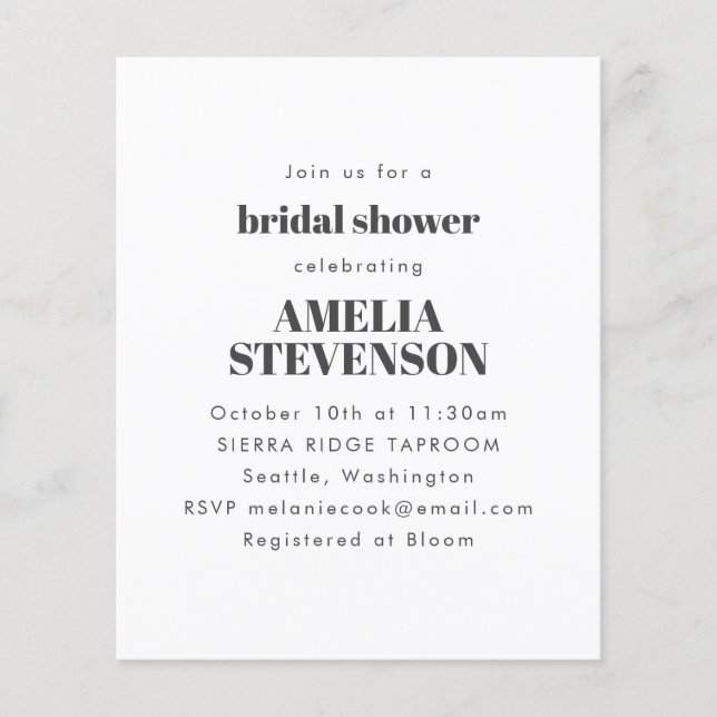Budget White Minimalist Bridal Shower Invitation  (Front)