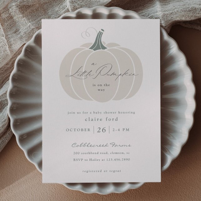 Budget White Pumpkin Fall Baby Shower Invitation (Elegant White Little Pumpkin Fall Winter Budget Baby Shower Invitations.)