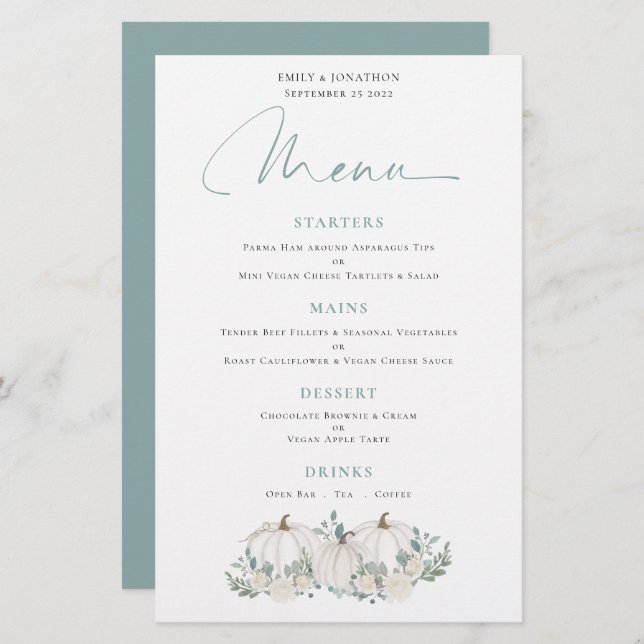 Budget White Pumpkins Florals Wedding Menu (Front/Back)