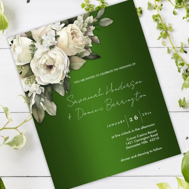 Budget White Rose Bouquet Emerald Green Wedding Flyer (Creator Uploaded)