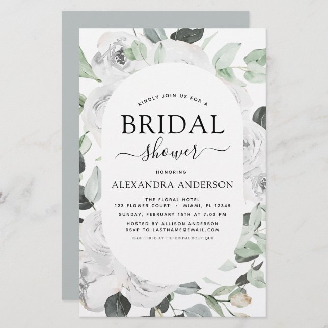 Budget White Rose Bridal Shower Floral Invitation (Front/Back)